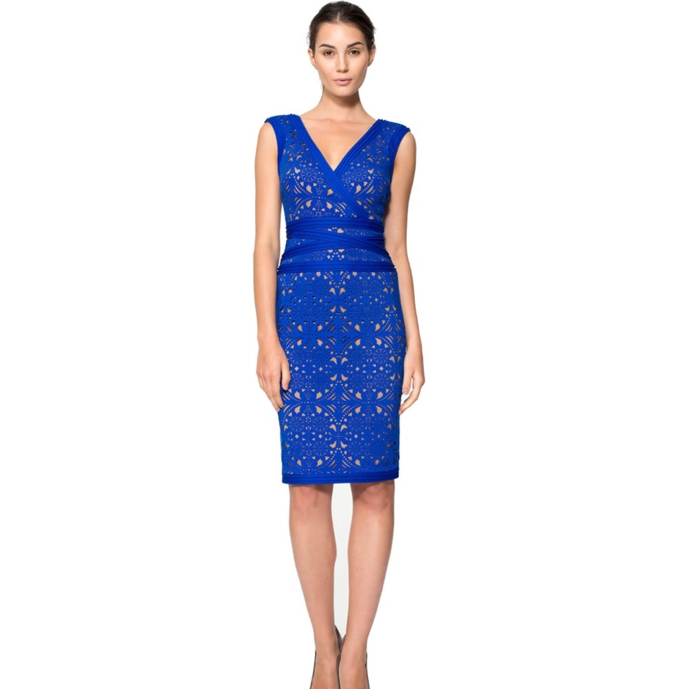Tadashi Shoji Laser Cut Neoprene Occassion Dress, Mystic Blue Sz XSP